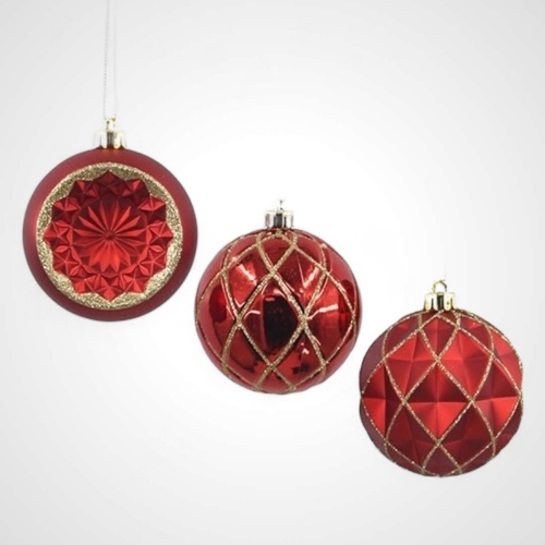 3 Assorted Red Baubles - 8cm