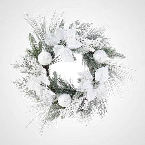 White Snow Poinsettia Wreath 58cm 