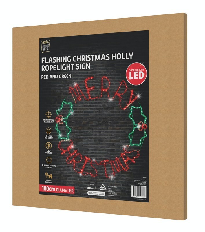 Merry Christmas Holly Wreath Rope Light Motif