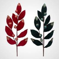 68cm Red Velvet Leaf Stem w/ Glitter Finish