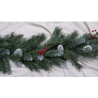 3m Artificial Green Garland with Red Berries and Snow White Cones and Tips