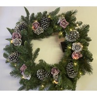 66cm Mixed Leaf Wreath with Roses and Pinecones- Lights