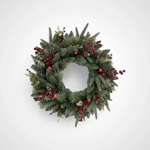 24” Flocked Wreath with Glitter & Decoration