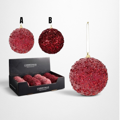Red Bauble with Glass Beading B - 80mm