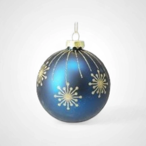 8cm Glass Matte Blue Bauble w/snowflakes 