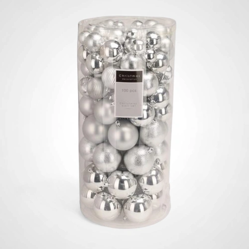 100pc Mixed Silver Bauble Pack 