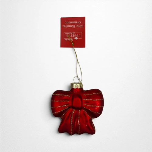 Glass Red Bow w/Gold Glitter Detail