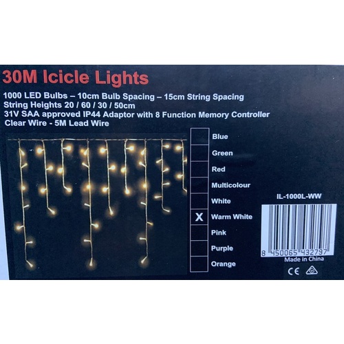 30m Warm White LED icicles - clear wire