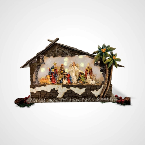 Large Snowing Nativity Stable w/Nativity