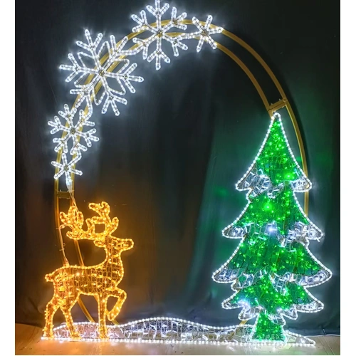 2D Golden Arch with Snowflakes Reindeer and Trees Rope Light Motif