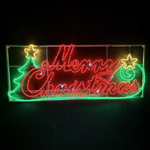 Merry Christmas with Tree Scroll and Stars Rope Light Motif 