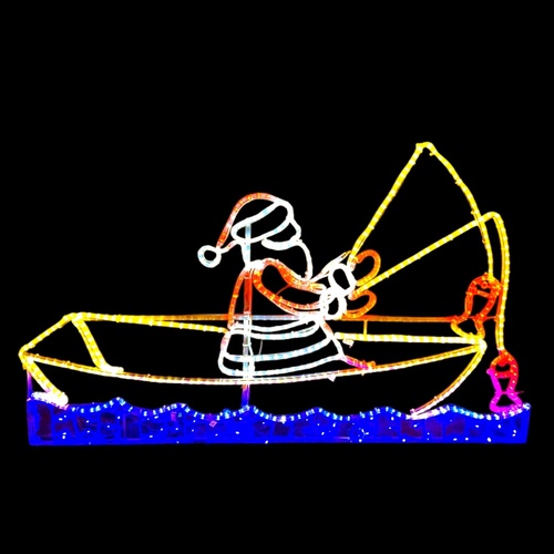 Santa Fishing in Boat Rope Light Motif