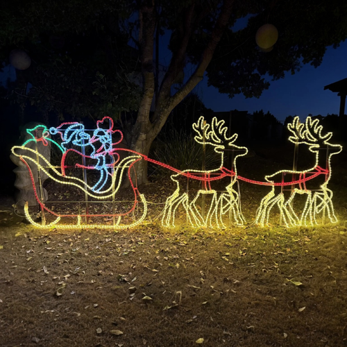 Large Sleigh Santa Waving 2 Reindeer Rope Light Motif 