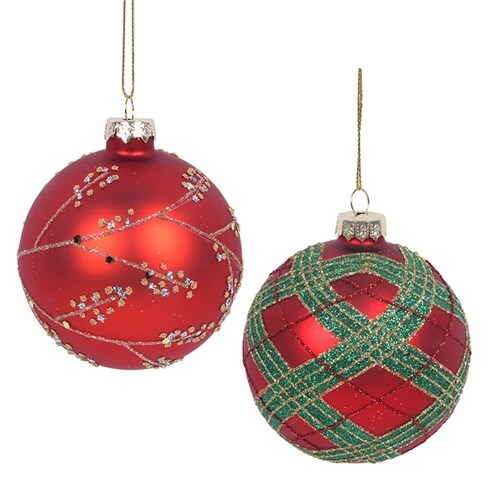 2 Assorted Red Glass Baubles - 8cm