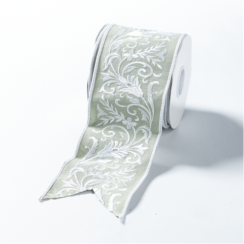 Mint Dupion Ribbon w/ White Leaf Embroidery