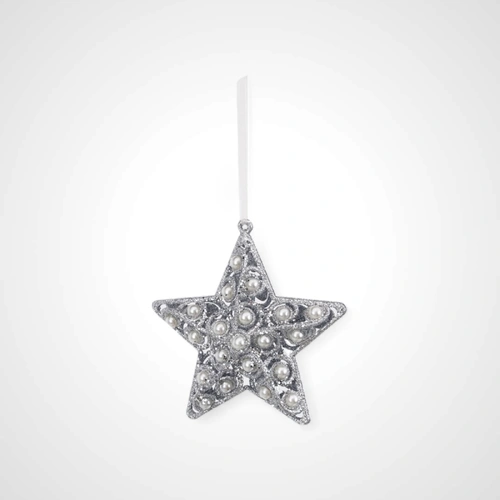 Silver Glitter Star w/Pearl Tree Ornament
