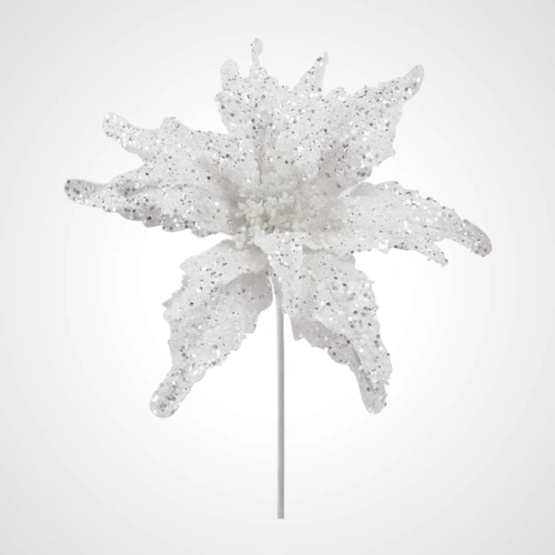 31cm White Glitter Poinsettia Stem 
