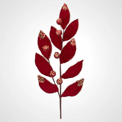 68cm Red Velvet Leaf Stem w/ Glitter Finish