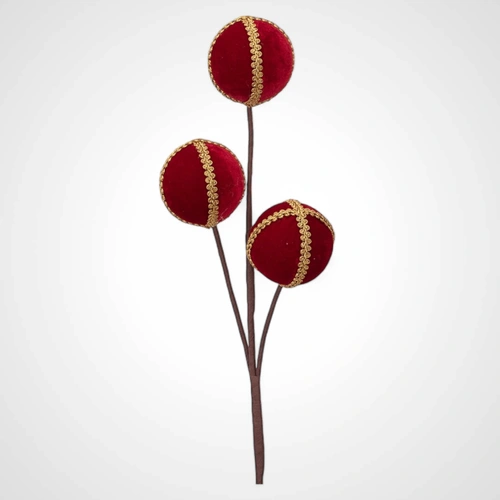 65cm Stem Red Velvet Balls w/Gold Detail 