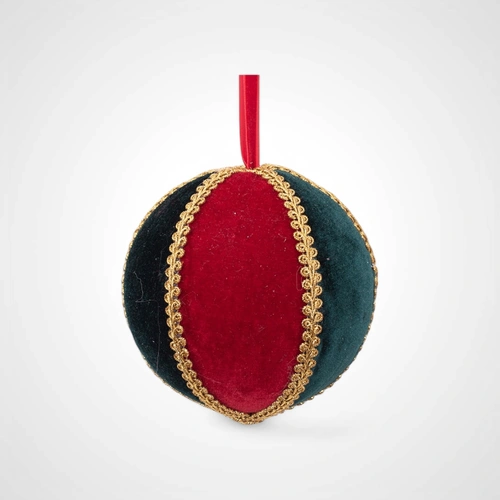 13cm Red & Green Harlequin Velvet Ball w/ Gold Detail