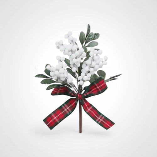 14cm White Berry Stem w/Ribbon 