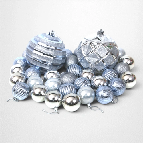 Silver & Arctic Blue Shatterproof Baubles - Pack of 32