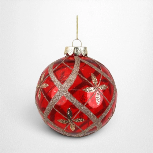 Red w/Champagne Glitter Detail Bauble (A) - 10cm