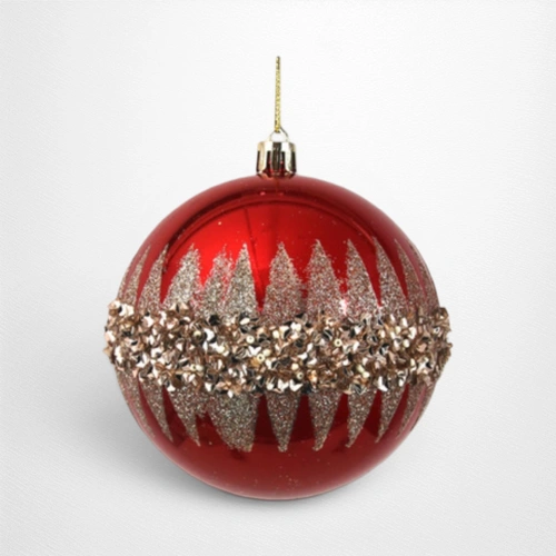 Red w/Champagne Glitter Detail Bauble (B) - 10cm