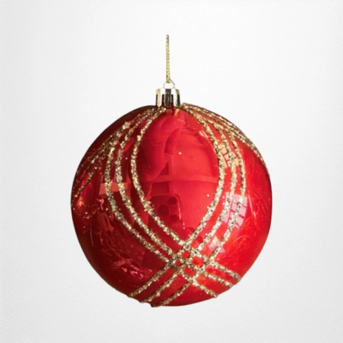 Red w/Champagne Glitter Detail Bauble (C) - 10cm