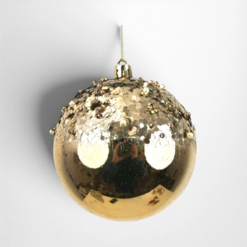 Gold Shatterproof Bauble w/Glitter Detail - 10cm