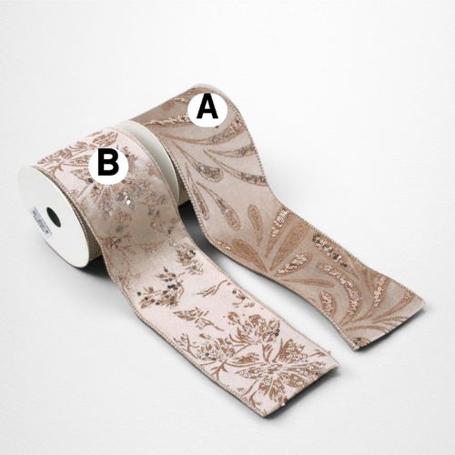 Champagne Velvet Ribbon w/Glitter Detail (A) - 9cm x 5m