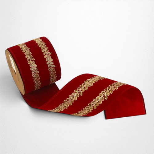 Red Velvet Ribbon w/Champagne Leaf - 10cm x 10m