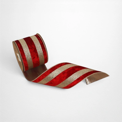 Red Velvet Ribbon w/Champagne Detail Wire Edged