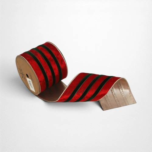 Red Velvet Ribbon w/Green Inserts & Wire Edging 