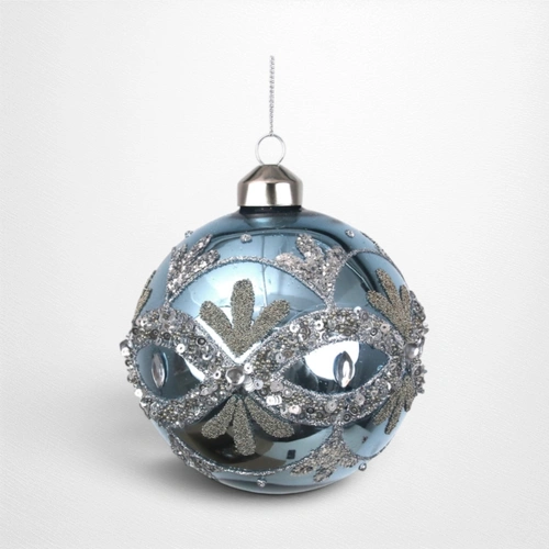 Arctic Blue Glass Bauble w/Silver Detail - 10cm