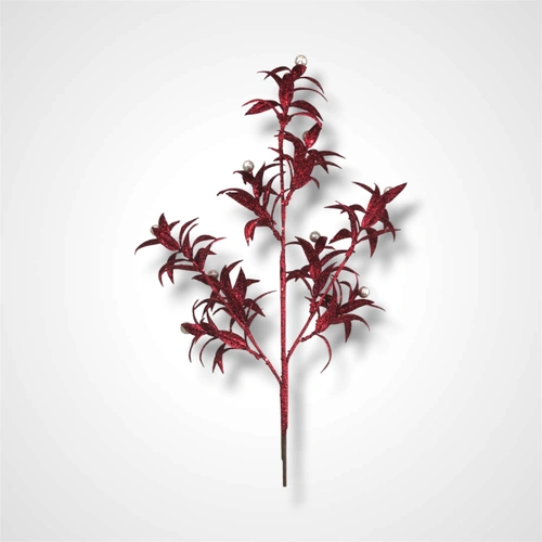 Cherry Red Glitter Leaf Stem - 64cm