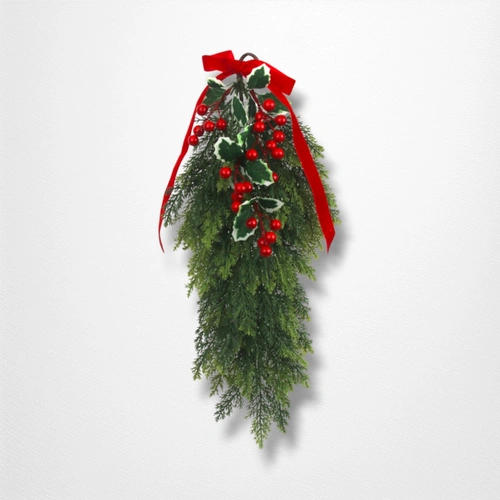46cm Pine Drop w/Red Velvet Ribbon