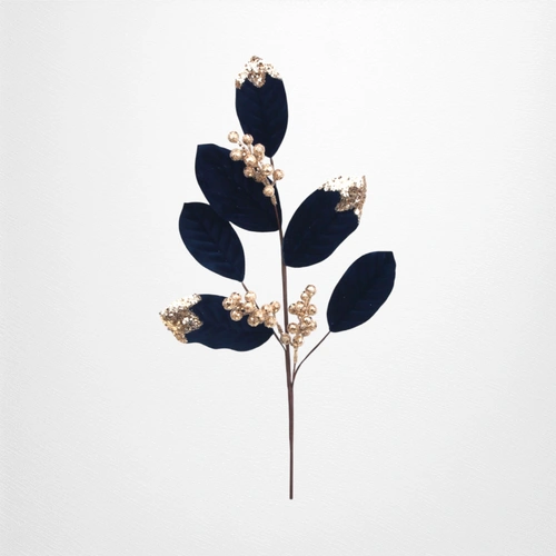 70cm Midnight Blue Velvet Leaf w/Glitter Berries