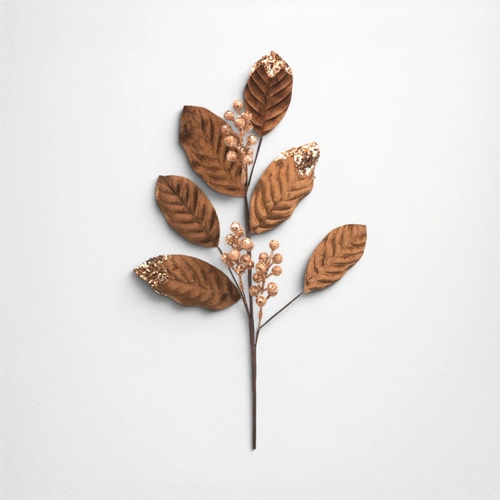 70cm Brown Velvet Leaf & Berry Stem