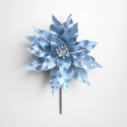 30cm Arctic Blue Velvet Poinsettia (50cm Stem)