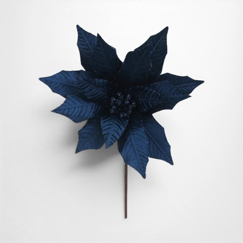 31cm Midnight Blue Velvet Poinsettia w/Glitter Detail