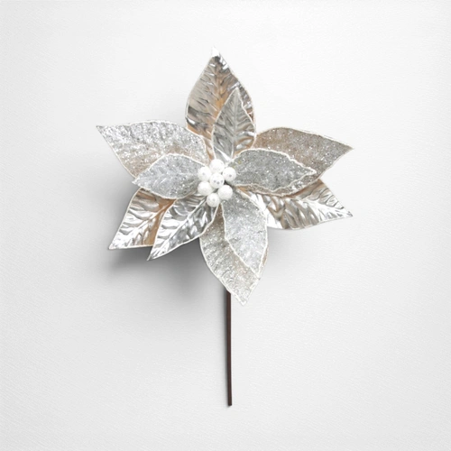 27cm Silver Poinsettia w/White Details  (50cm Stem)
