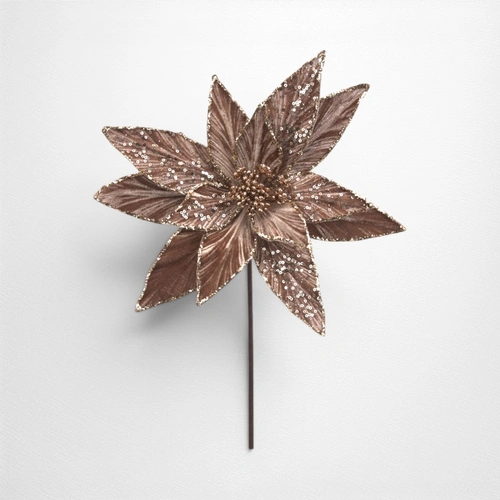 29cm Mocha Velvet Poinsettia w/Glitter Detail (50cm Stem)