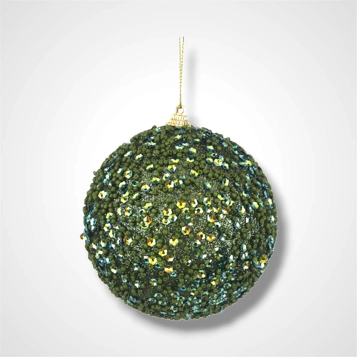 Sage Glitter Beaded Bauble A - 10cm