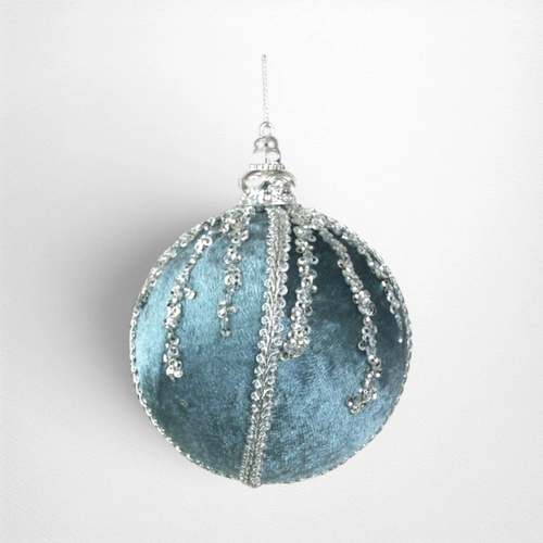 Arctic Blue Velvet Bauble w/Glitter Detail - 10cm
