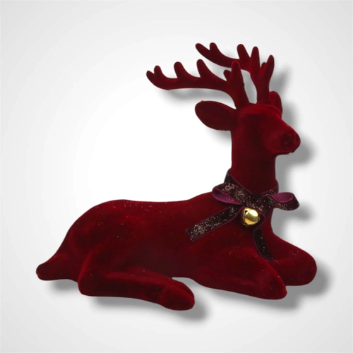 Burgundy Flocked Sitting Reindeer