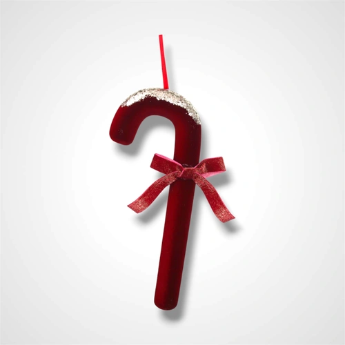 Burgundy Velvet Candy Cane w/Glitter Detail & Bow