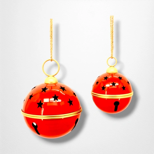 Set of 2 Red Metal Bells w/Gold Detail