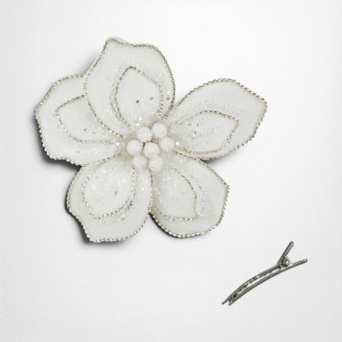 18cm White Velvet Flower w/Silver Jewels & Clip