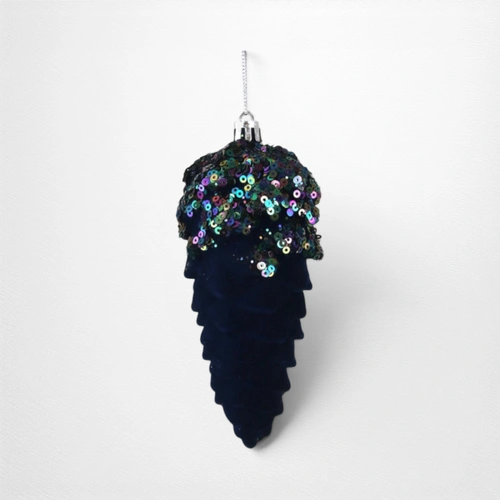 Navy Flocked Pinecone Tree Decoration - 13.5cm